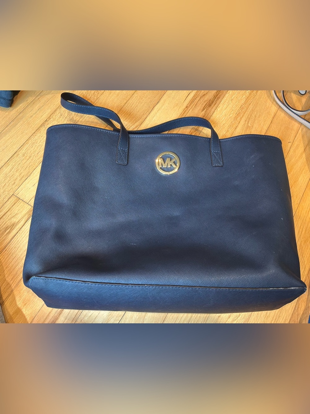 Michael Kors Navy Leather Tote with Gold MK Emblem